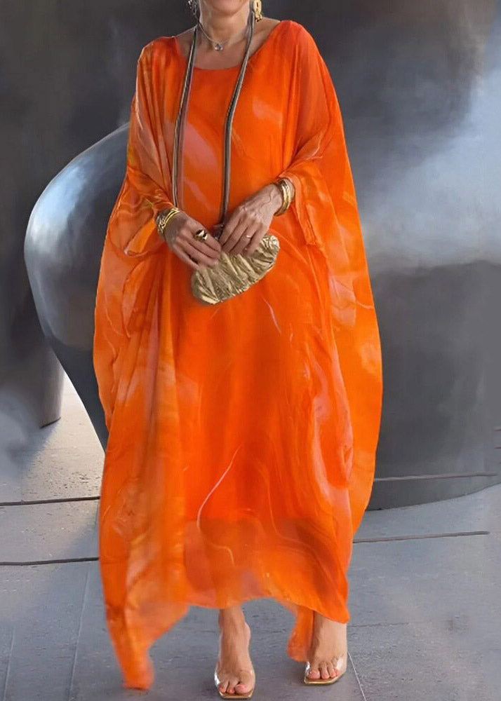 Elegant Khaki O-Neck Print Long Dress Fall