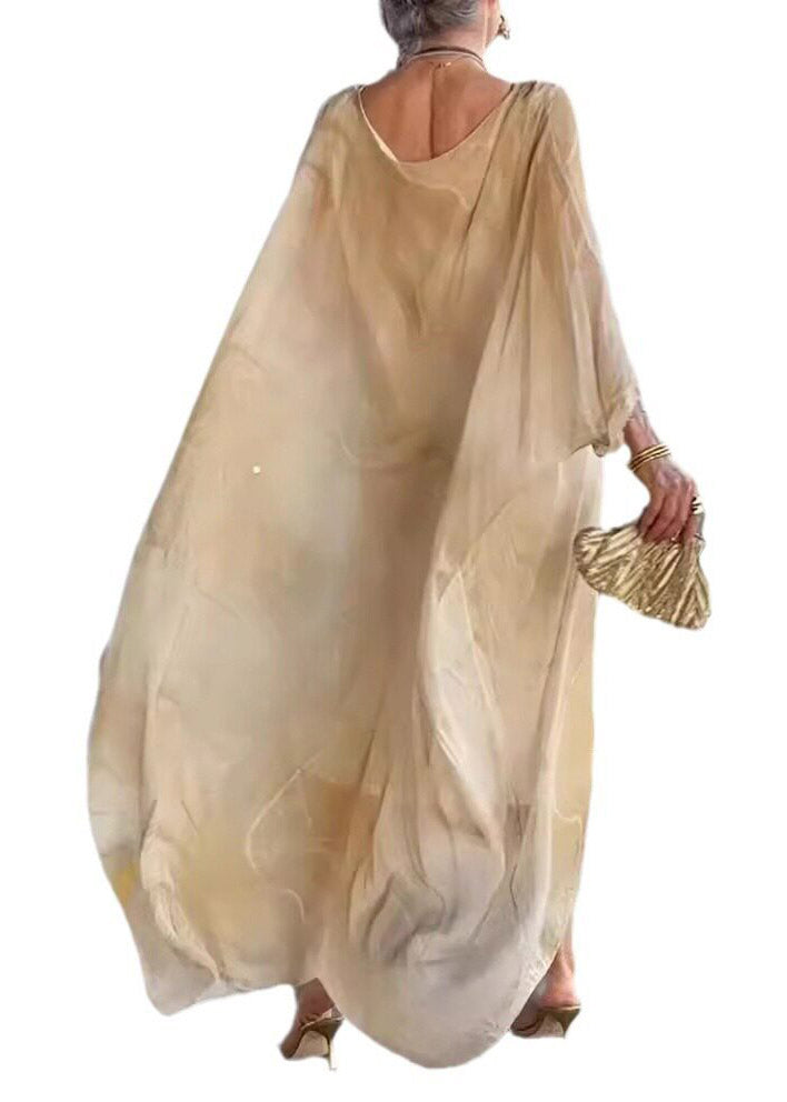 Elegant Khaki O-Neck Print Long Dress Fall