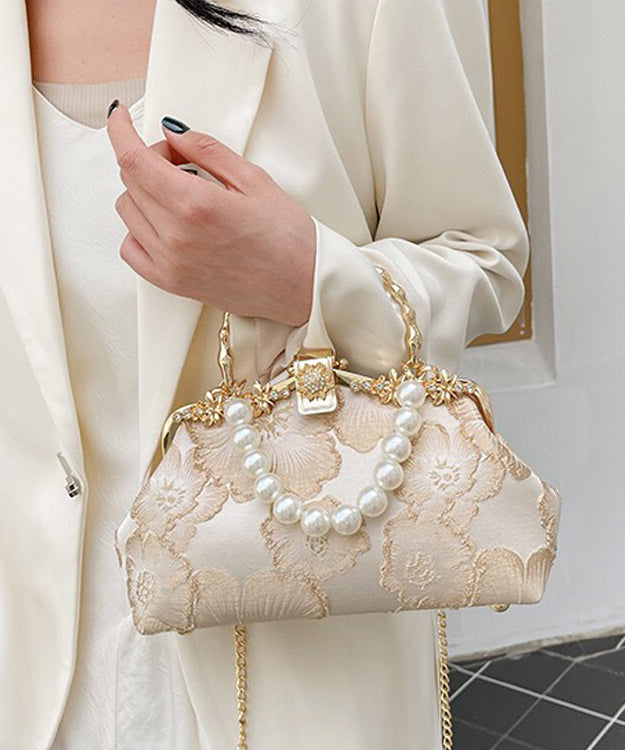 Elegant Khaki Pearl Zircon Satin Tote Handbag