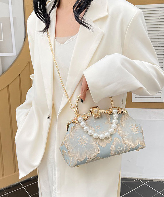Elegant Khaki Pearl Zircon Satin Tote Handbag