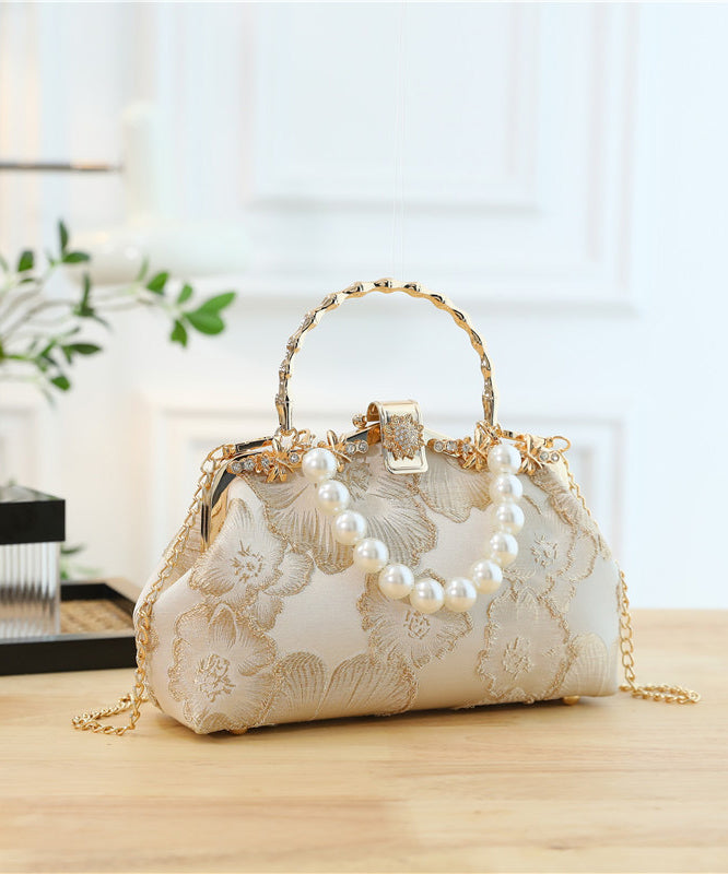 Elegant Khaki Pearl Zircon Satin Tote Handbag