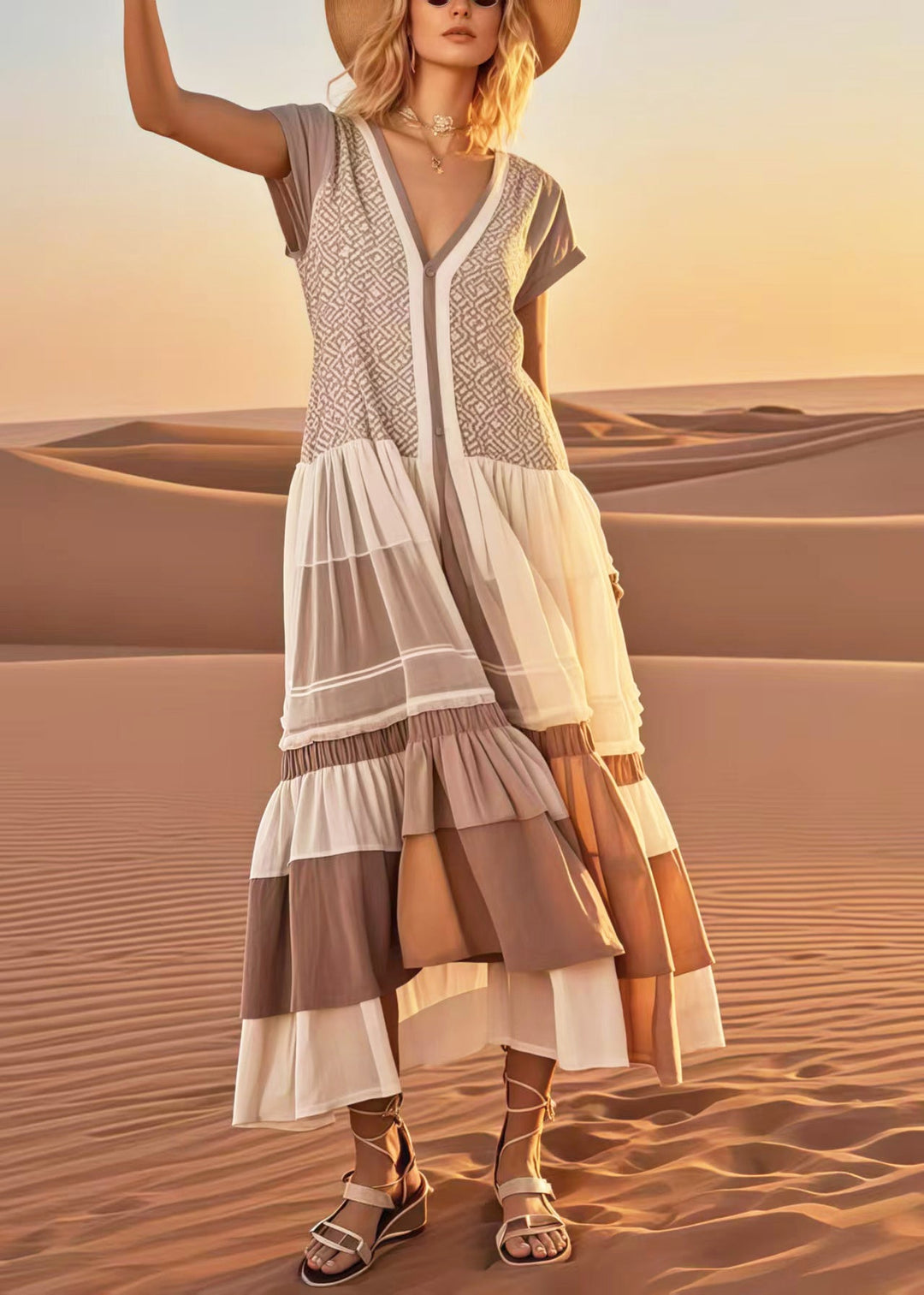 Elegant Khaki Print Patchwork Cotton Vacation Dresses Summer