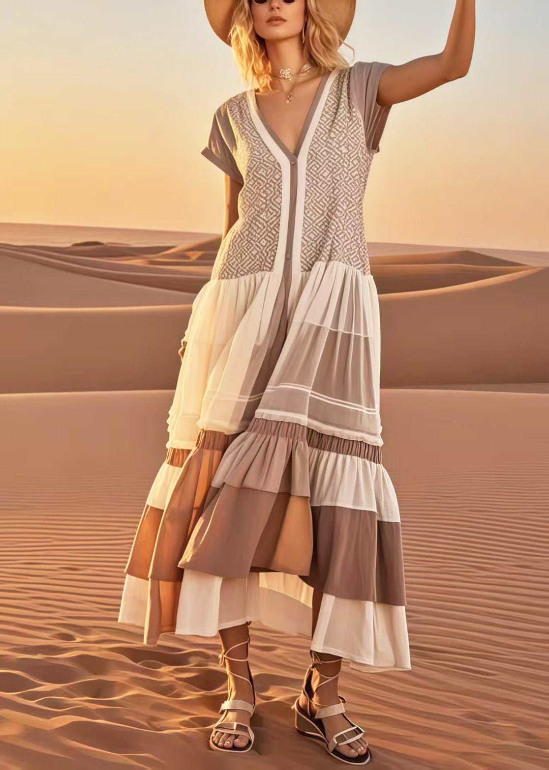 Elegant Khaki Print Patchwork Cotton Vacation Dresses Summer