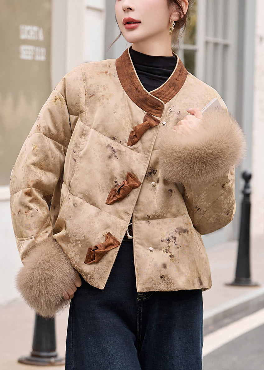 Elegant Khaki Print Patchwork Fox Fur Duck Down Winter Coats