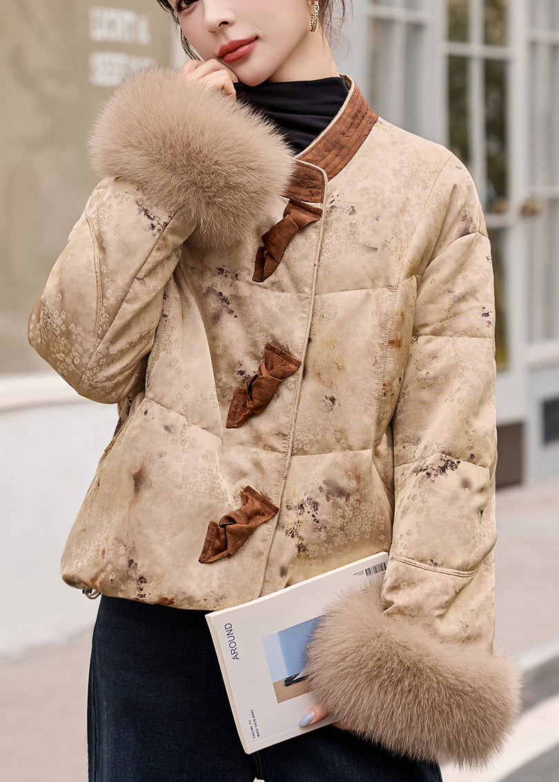 Elegant Khaki Print Patchwork Fox Fur Duck Down Winter Coats