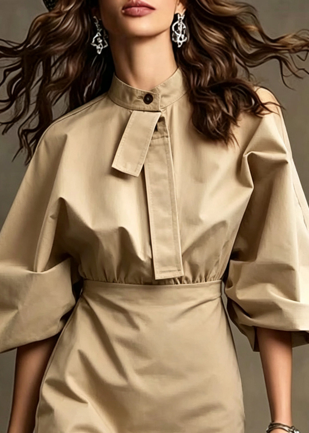 Elegant Khaki Stand Collar Cotton Day Dress Fall