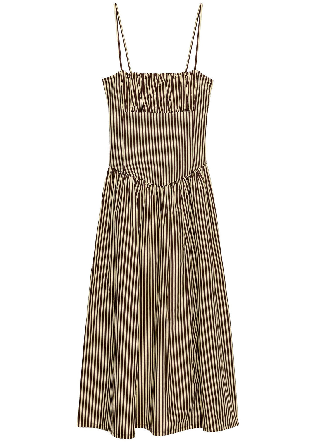 Elegant Khaki Striped Cotton Spaghetti Strap Dress Summer