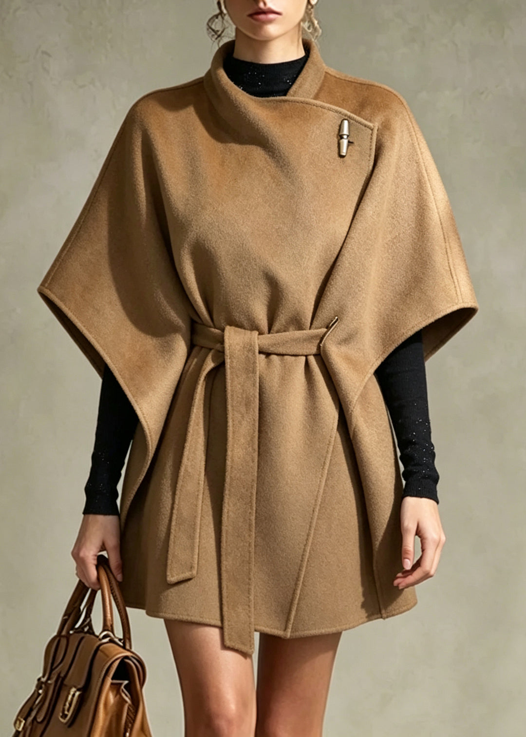 Elegant Khaki Tunic Woolen Coat Batwing Sleeve