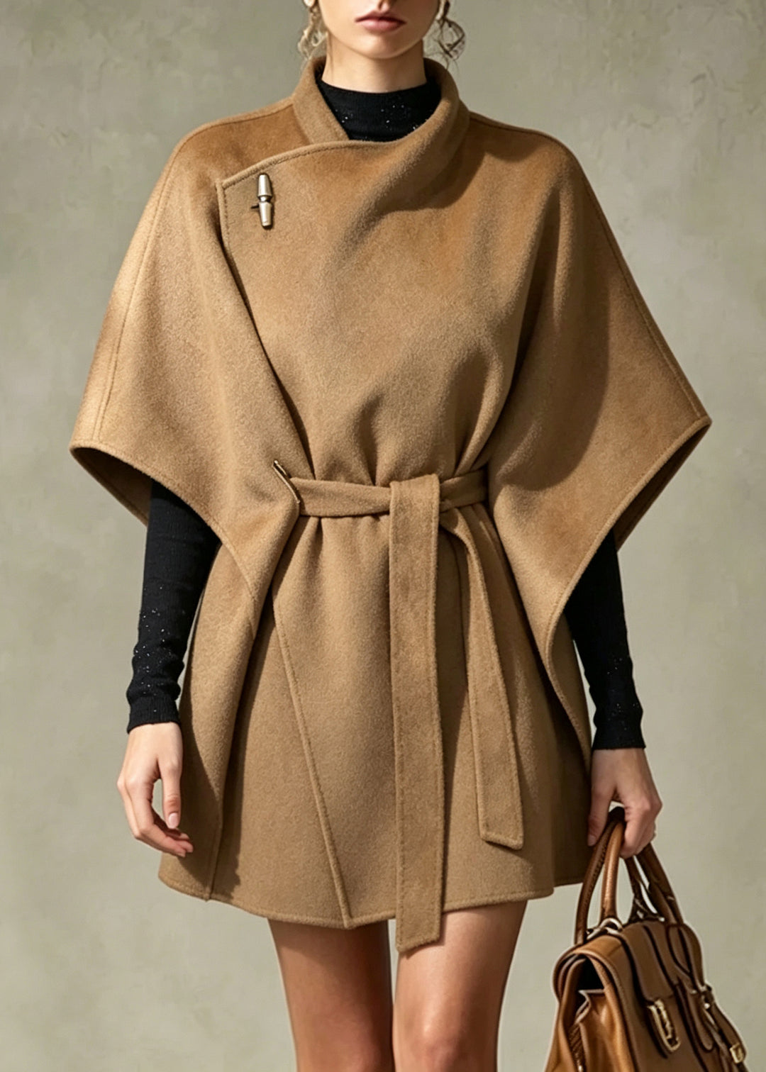 Elegant Khaki Tunic Woolen Coat Batwing Sleeve