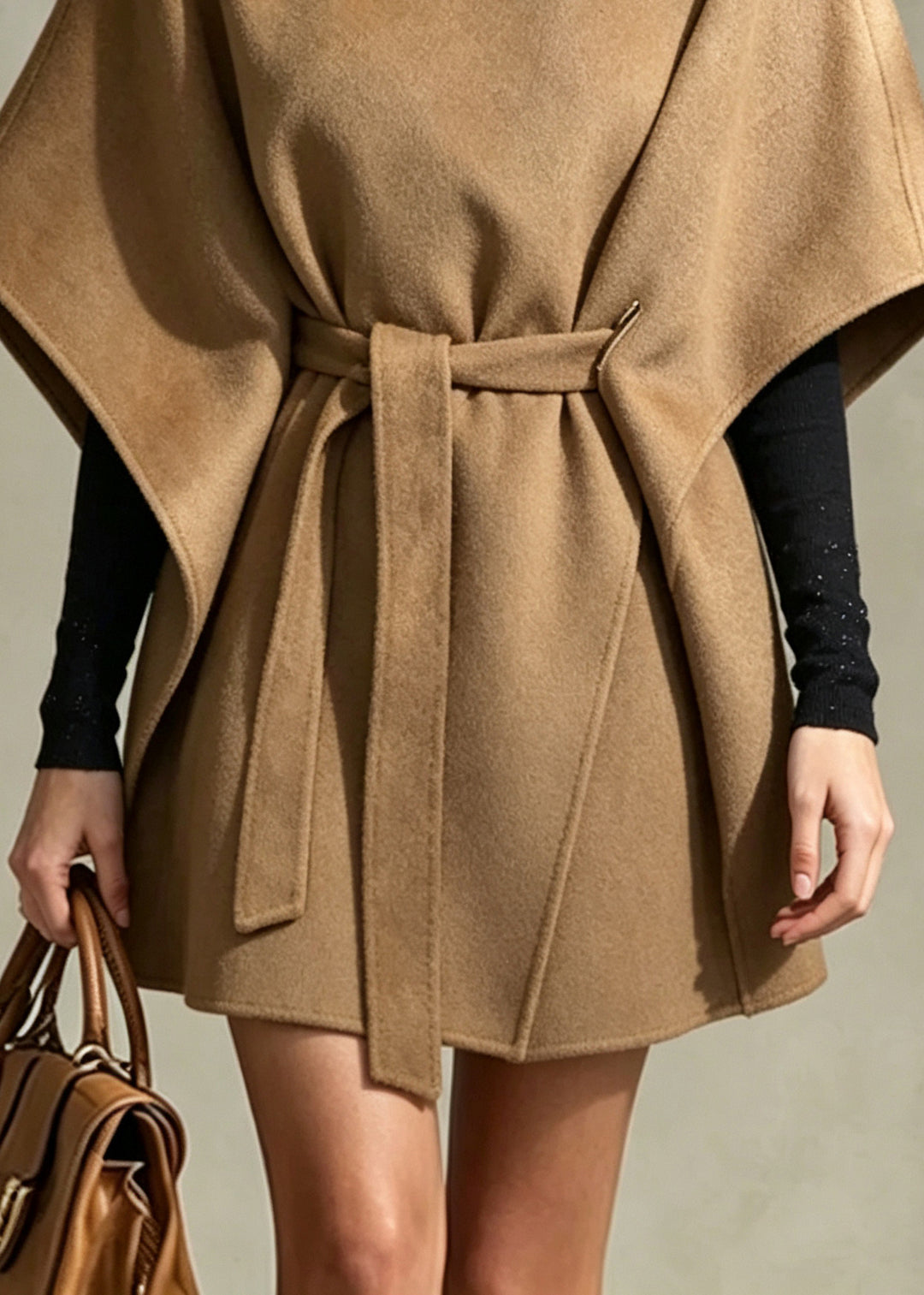 Elegant Khaki Tunic Woolen Coat Batwing Sleeve