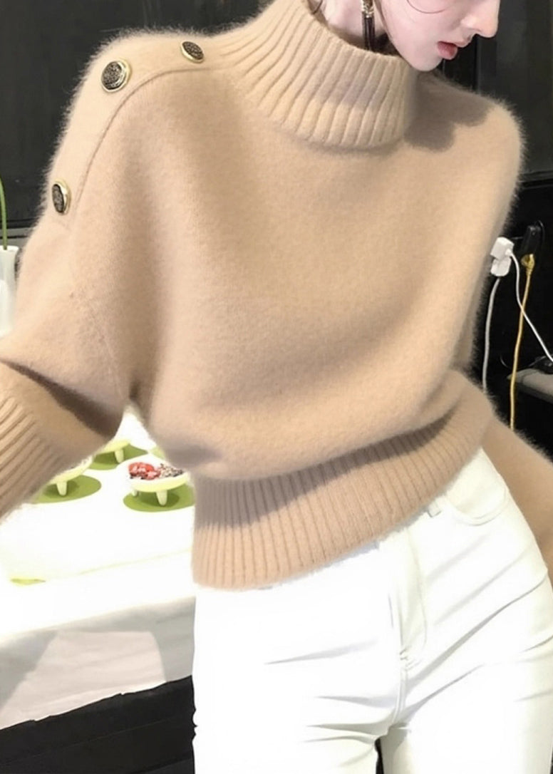 Elegant Khaki Turtleneck Cozy Knit Sweaters Winter
