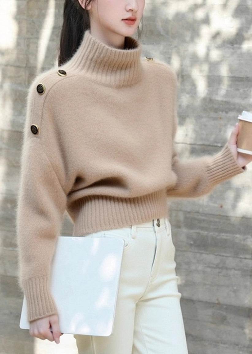 Elegant Khaki Turtleneck Cozy Knit Sweaters Winter