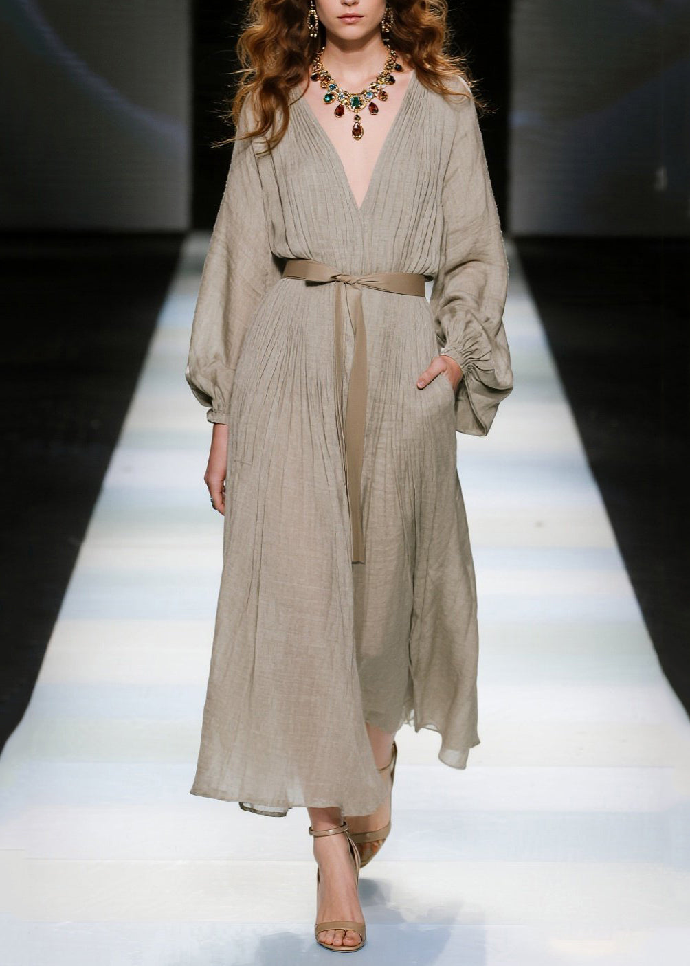 Elegant Khaki V Neck Tie Waist Cotton Long Dresses Spring