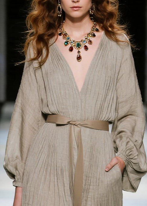 Elegant Khaki V Neck Tie Waist Cotton Long Dresses Spring