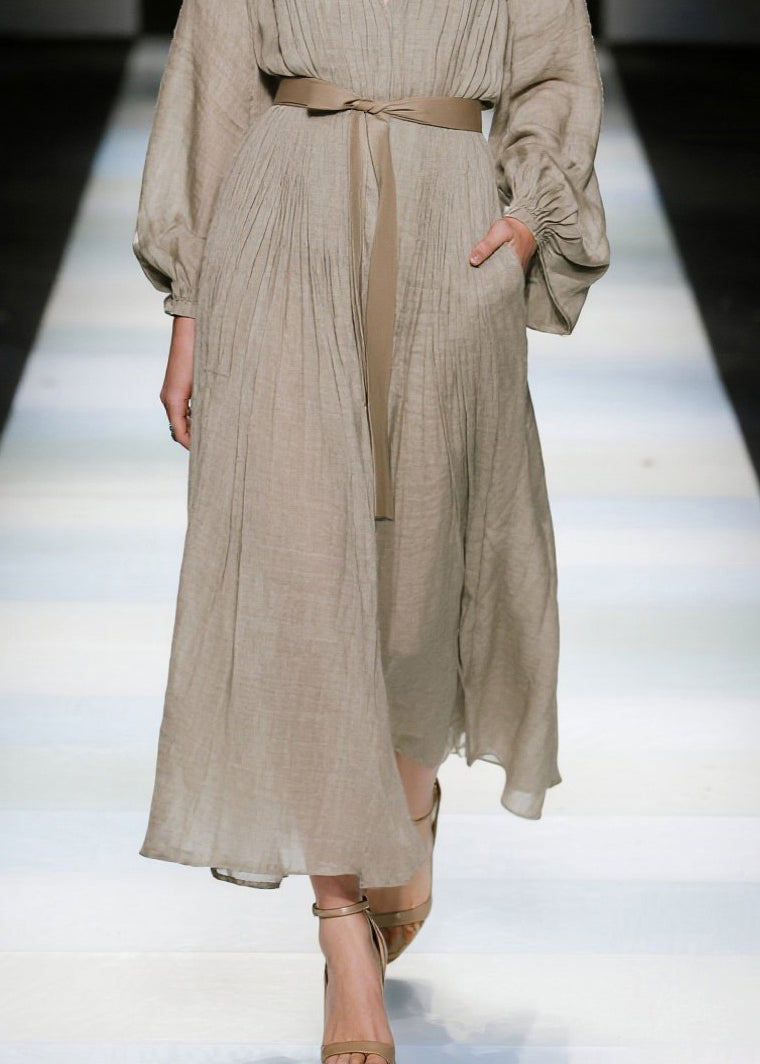 Elegant Khaki V Neck Tie Waist Cotton Long Dresses Spring