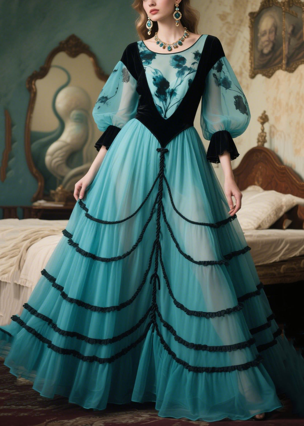 Elegant Lake Blue Puff Sleeve Patchwork Tulle Party Dresses