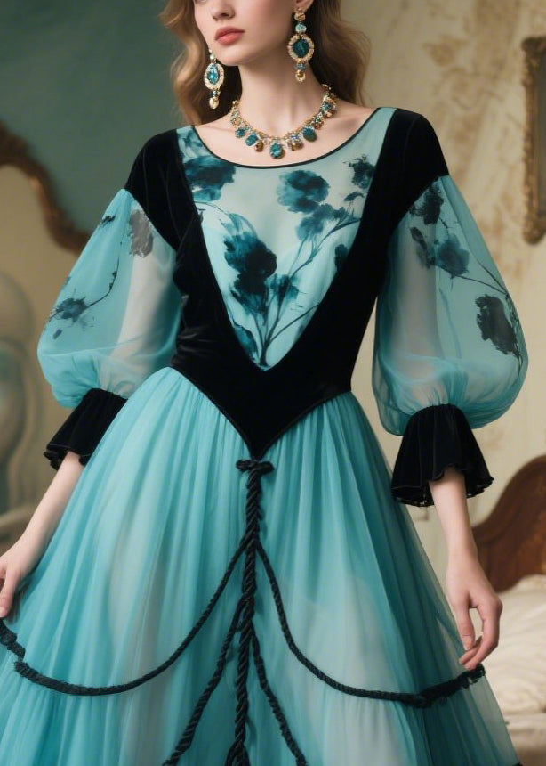 Elegant Lake Blue Puff Sleeve Patchwork Tulle Party Dresses