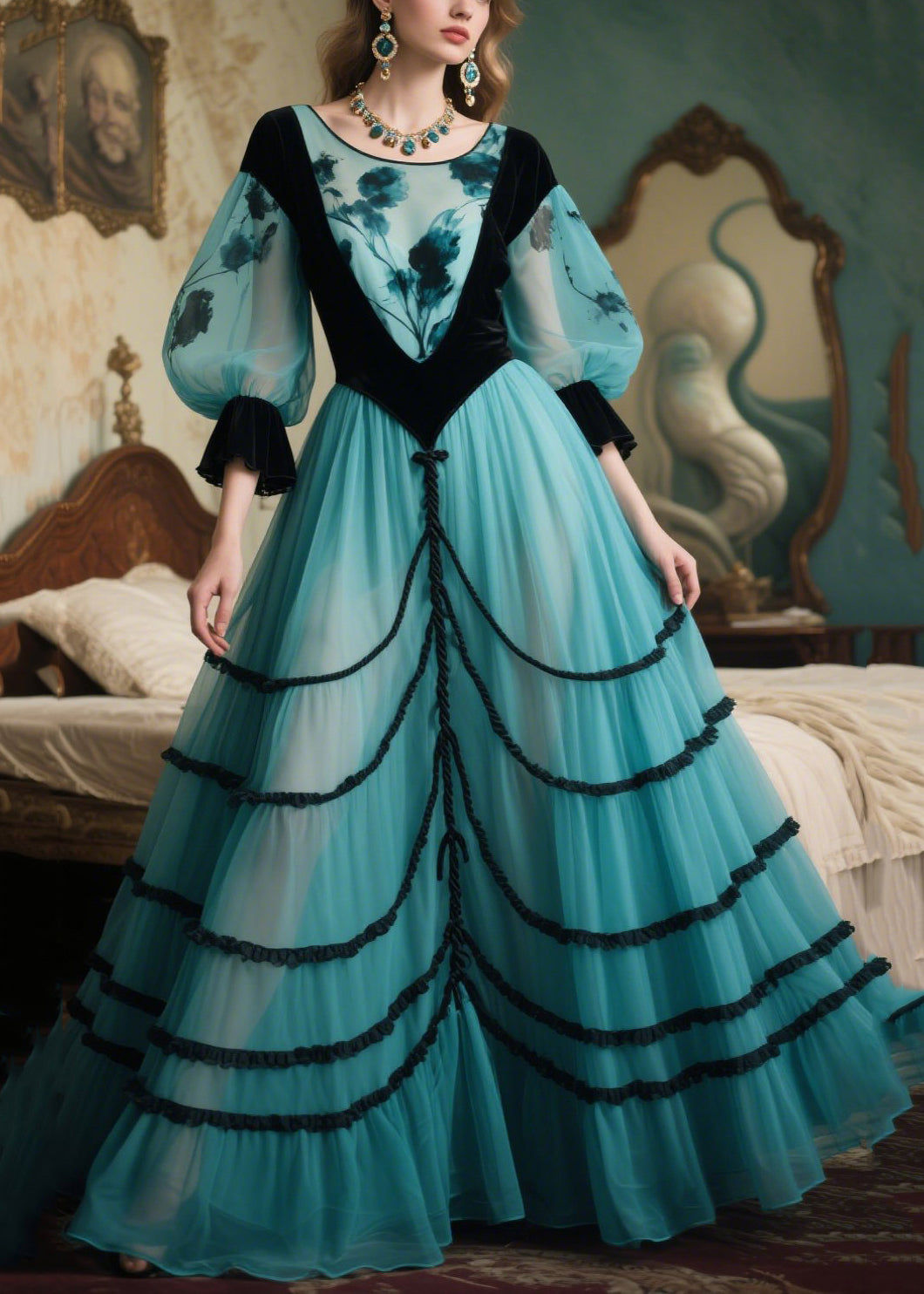 Elegant Lake Blue Puff Sleeve Patchwork Tulle Party Dresses