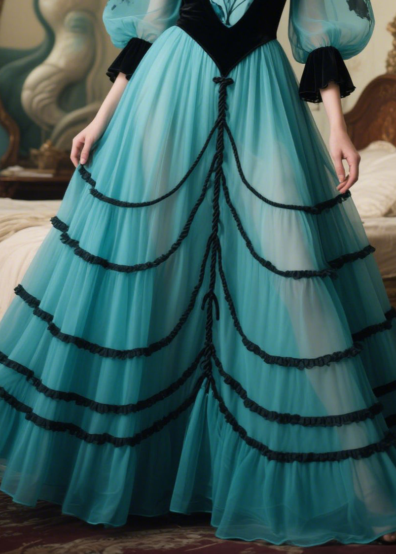 Elegant Lake Blue Puff Sleeve Patchwork Tulle Party Dresses