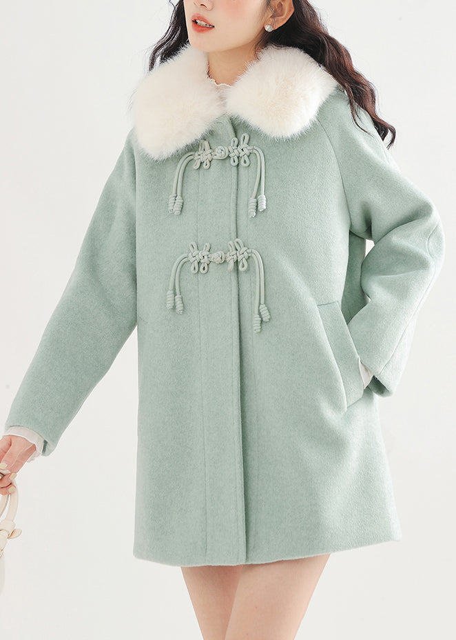 Elegant Lake Green Fur Collar Oversized Woolen Coat Winter