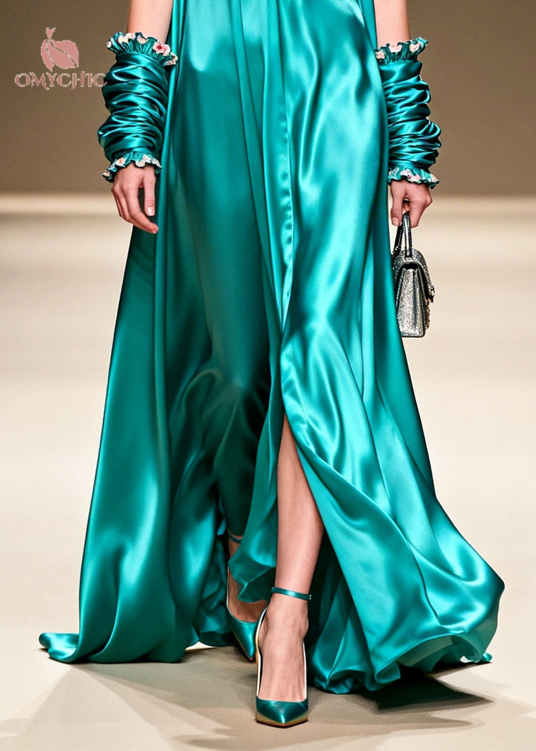 Elegant Lake Green V Neck Floral Silk Long Dresses Summer