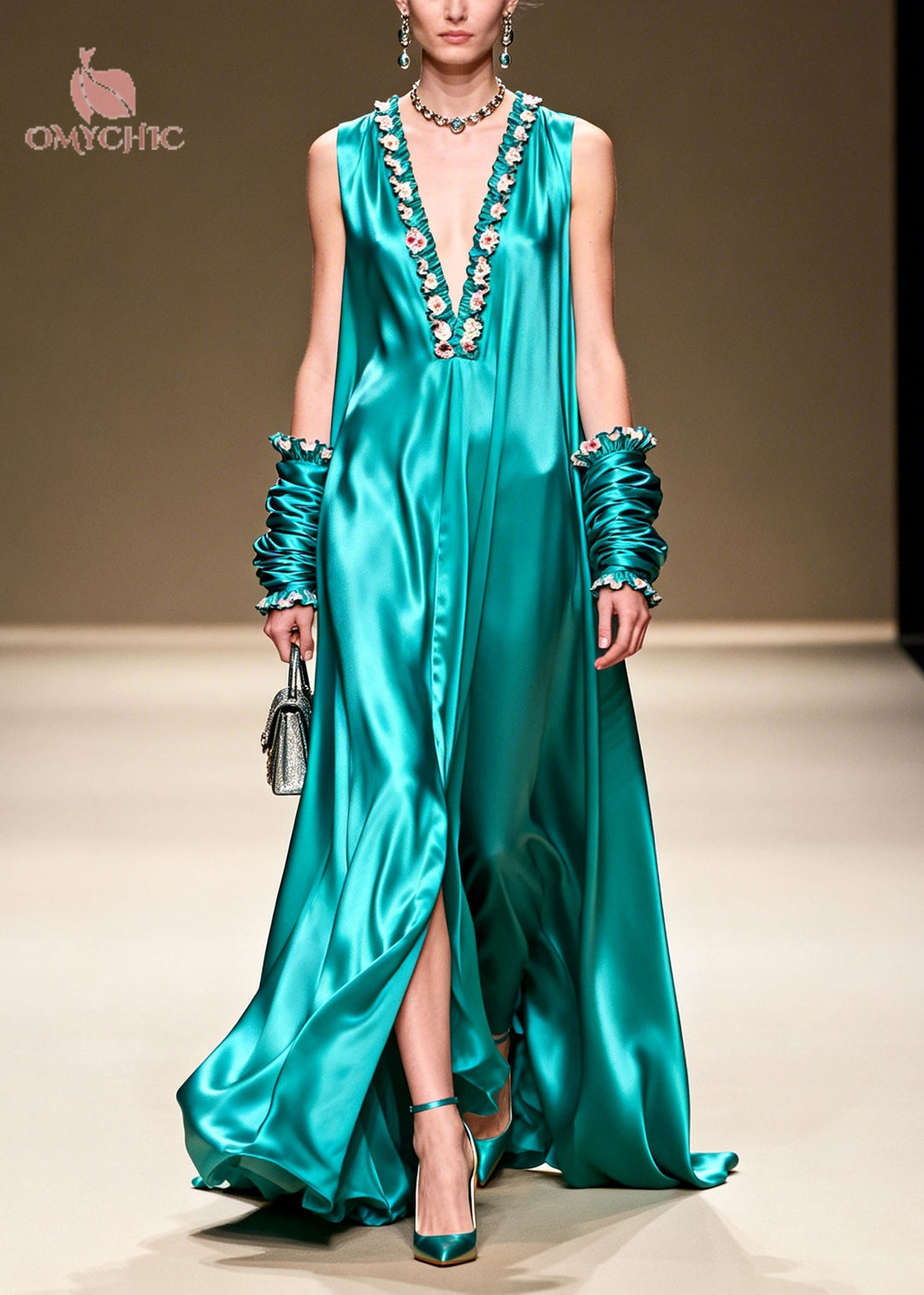 Elegant Lake Green V Neck Floral Silk Long Dresses Summer