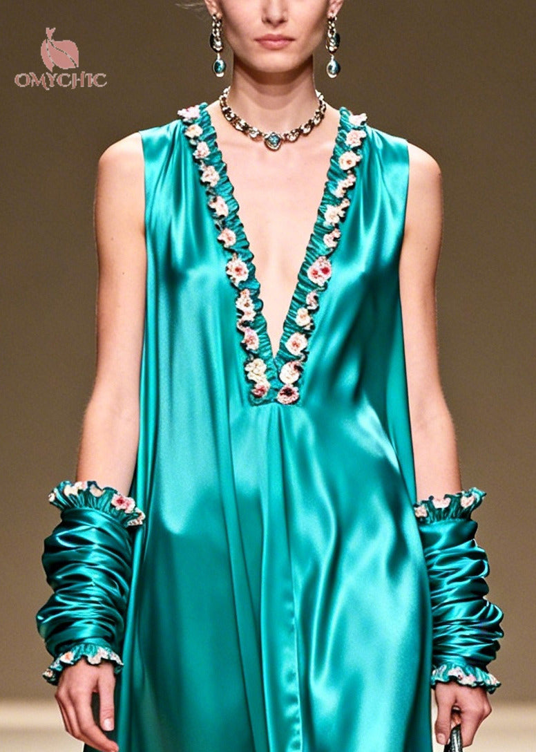 Elegant Lake Green V Neck Floral Silk Long Dresses Summer