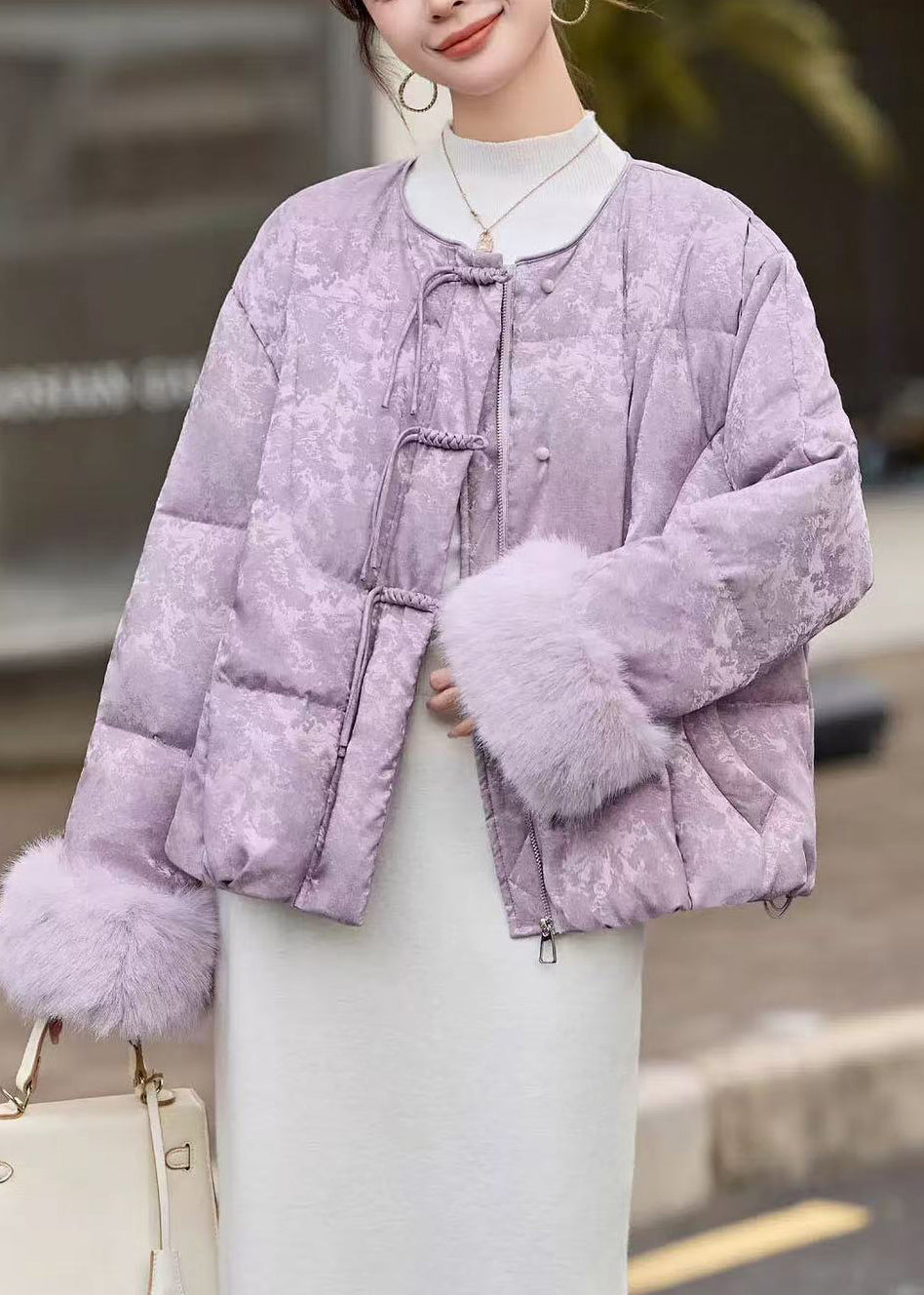 Elegant Lavender Chinese Button Jacquard Duck Down Down Coat Winter