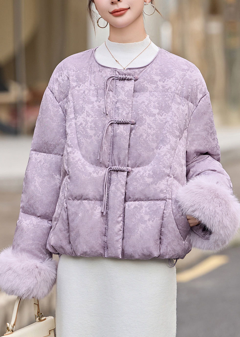 Elegant Lavender Chinese Button Jacquard Duck Down Down Coat Winter