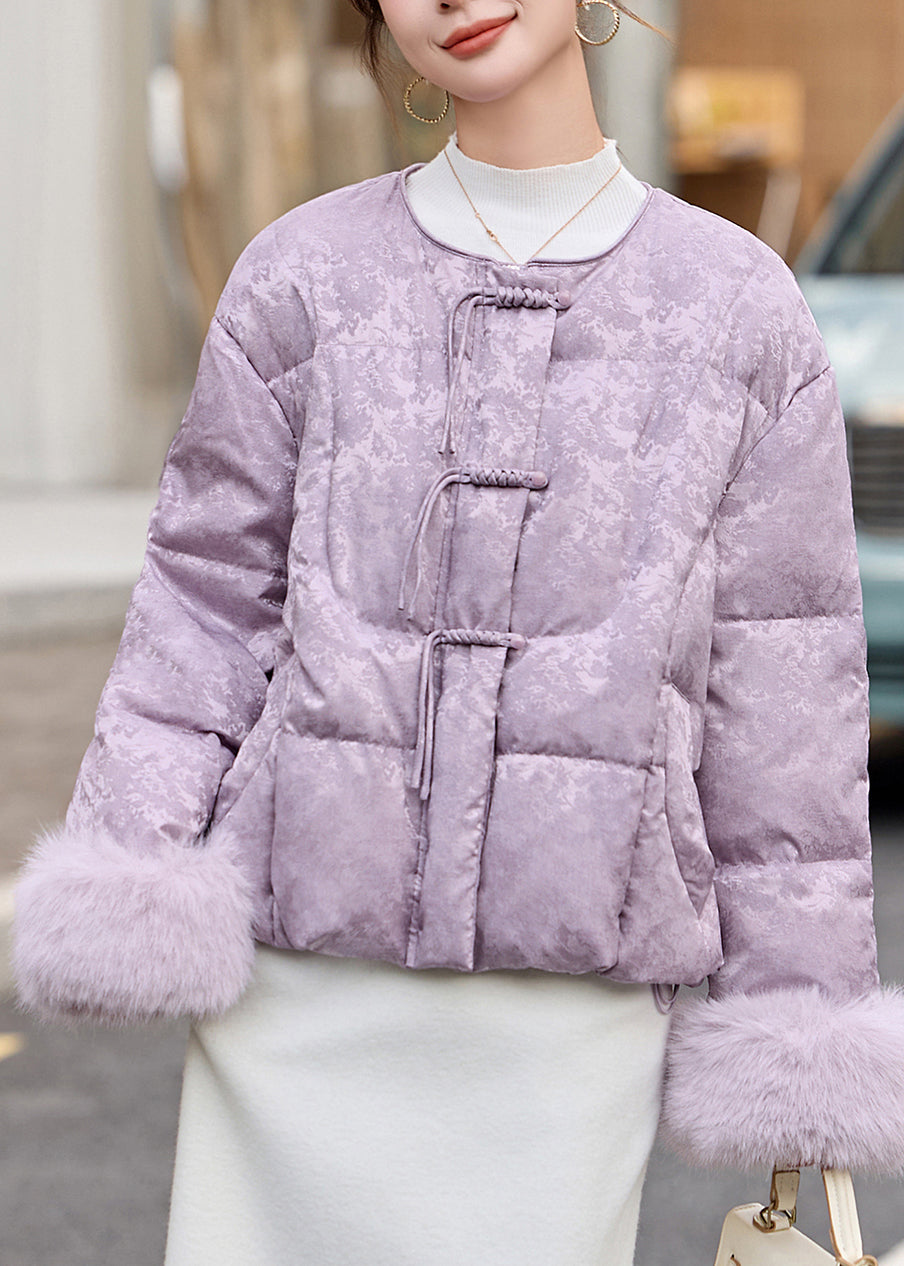 Elegant Lavender Chinese Button Jacquard Duck Down Down Coat Winter