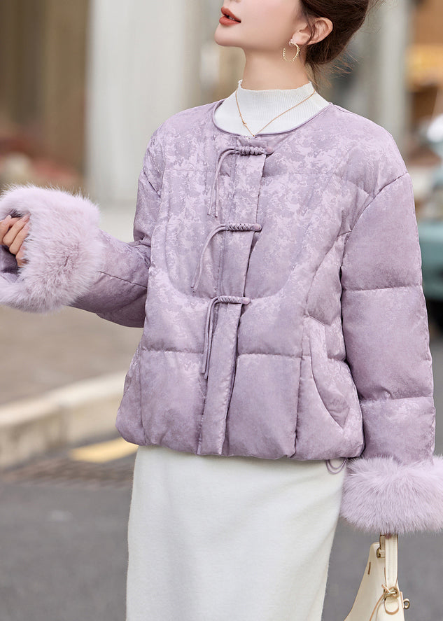 Elegant Lavender Chinese Button Jacquard Duck Down Down Coat Winter