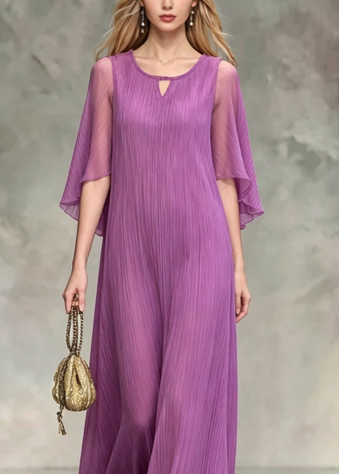 Elegant Lavender O Neck Silk Maxi Dress Summer