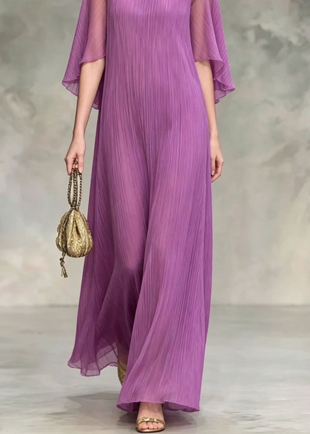 Elegant Lavender O Neck Silk Maxi Dress Summer