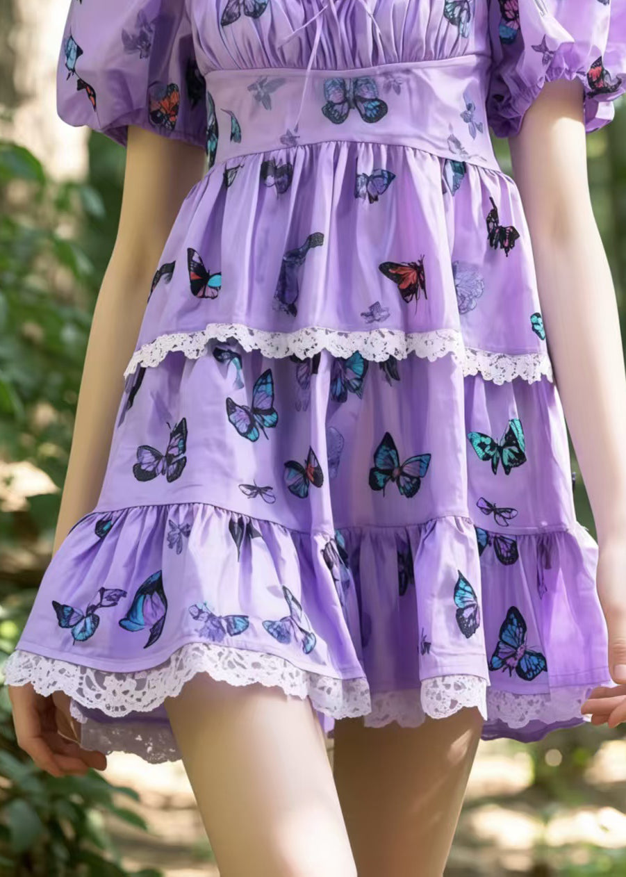 Elegant Lavender Square Collar Butterfly Cotton Tea Dress Puff Sleeve