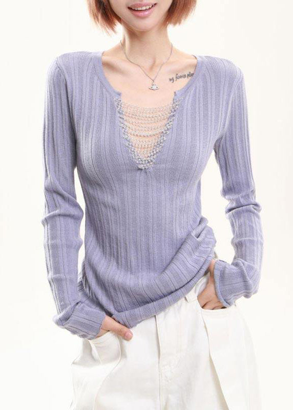 Elegant Lavender Tasseled Patchwork Knit Tops Spring - Omychic
