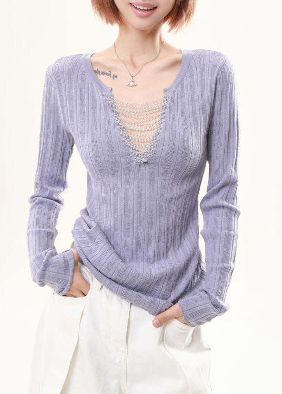 Elegant Lavender Tasseled Patchwork Knit Tops Spring - Omychic