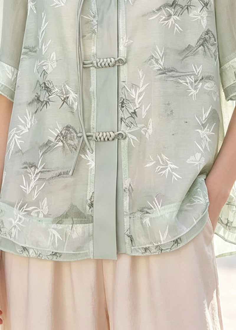 Elegant Light Blue Print Chinese Button Chiffon Shirts Summer