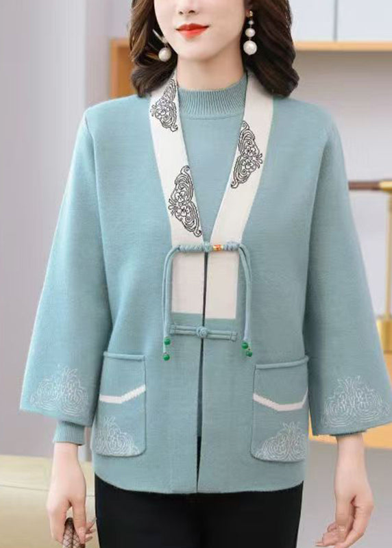Elegant Light Blue V Neck Print Tassel Cotton Knit Cardigans And Sweaters Two Pieces Set Fall