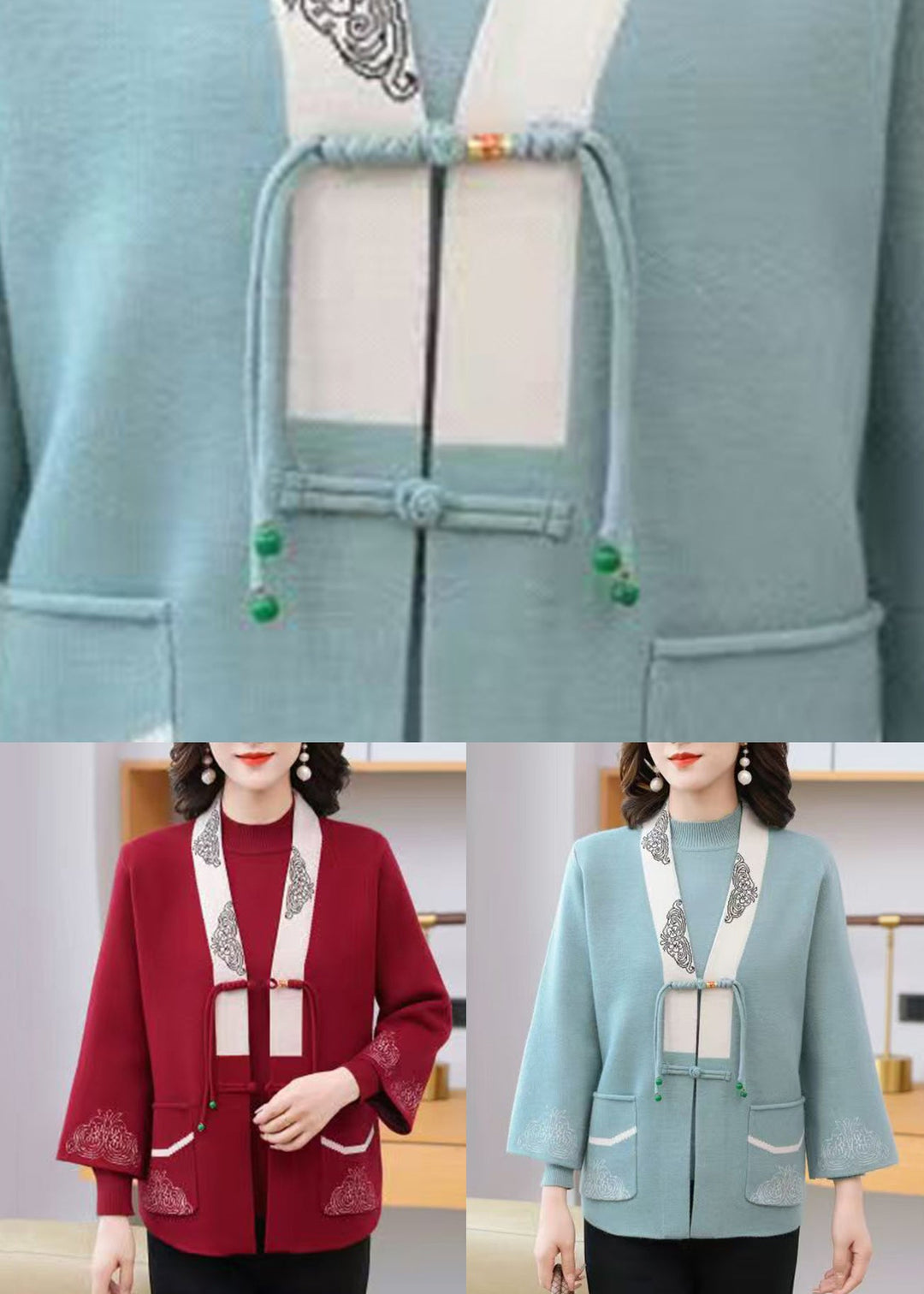 Elegant Light Blue V Neck Print Tassel Cotton Knit Cardigans And Sweaters Two Pieces Set Fall