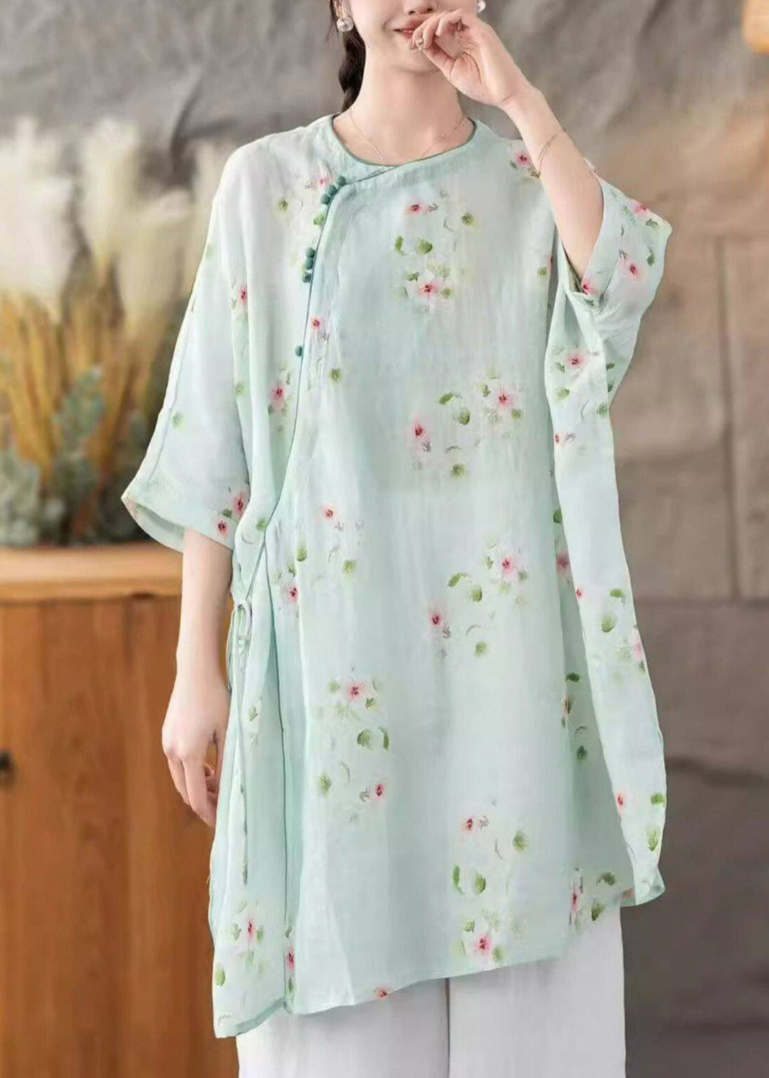 Elegant Light Green Side Open Linen Top Fall