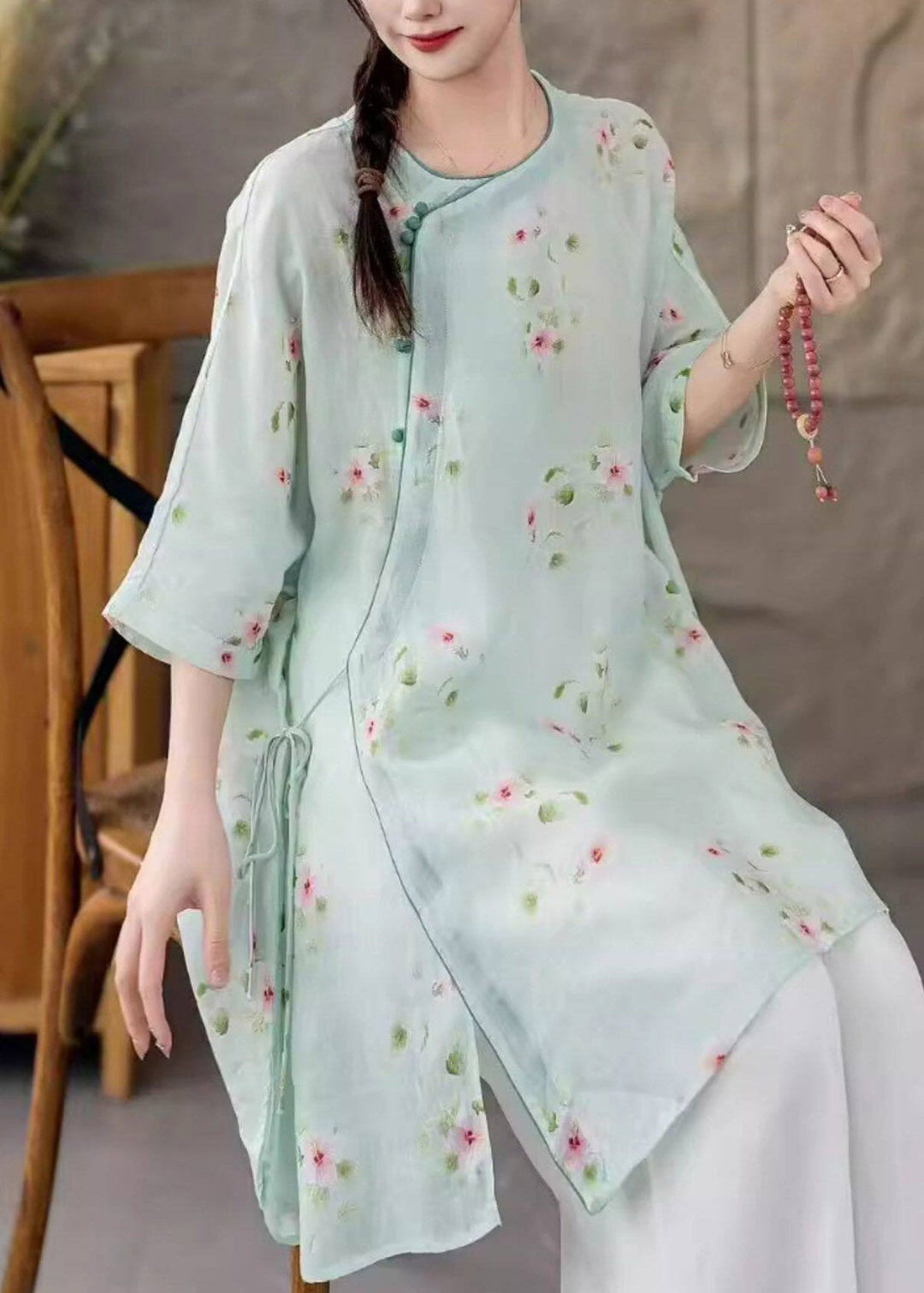 Elegant Light Green Side Open Linen Top Fall