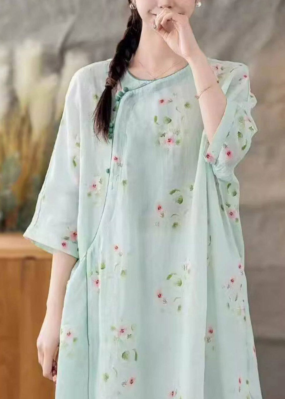 Elegant Light Green Side Open Linen Top Fall