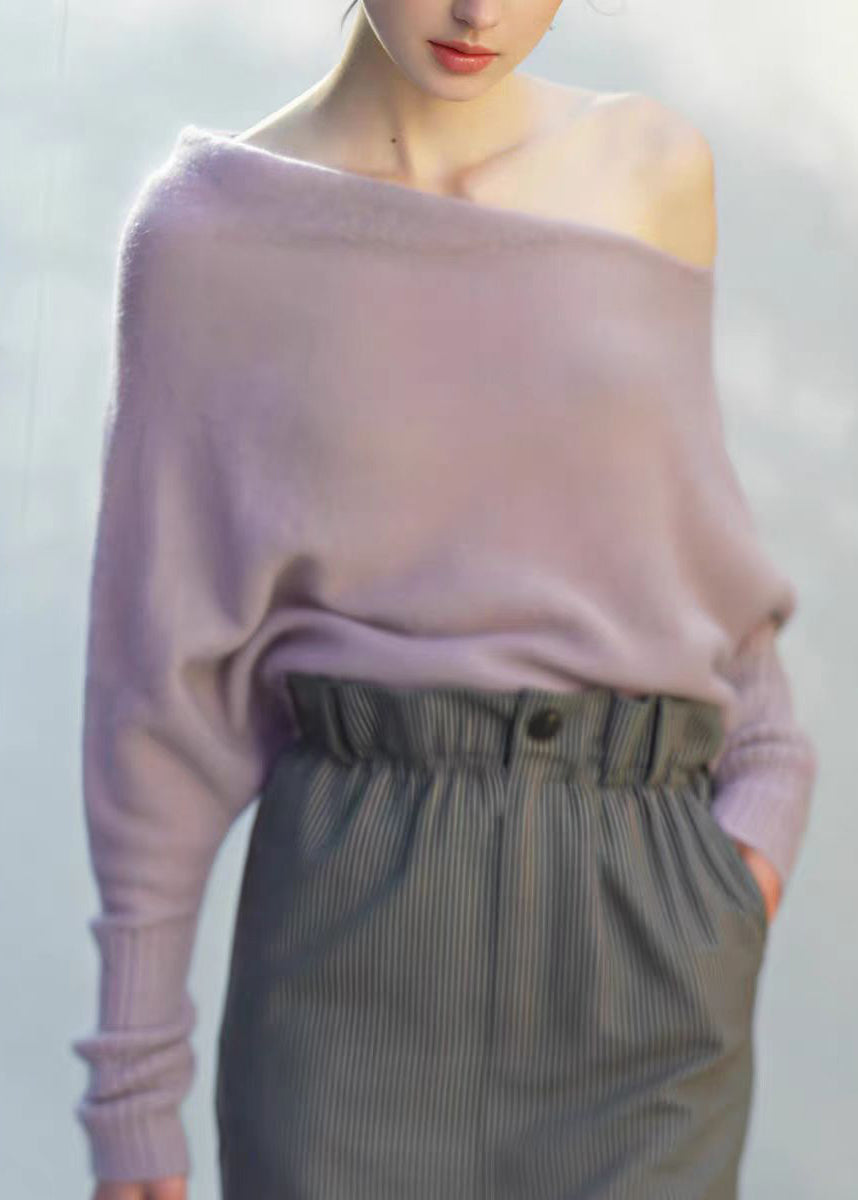 Elegant Light Purple Cold Shoulder Knit Shirts Top Fall