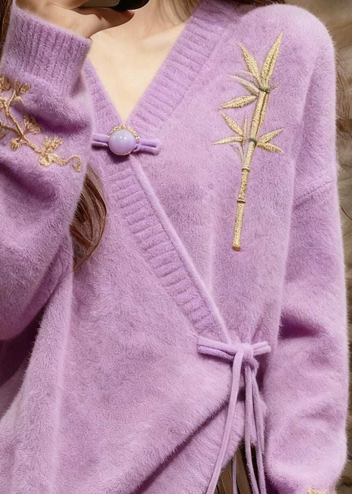 Elegant Light Purple V Neck Tie Waist Cotton Knit Sweaters Tops Fall