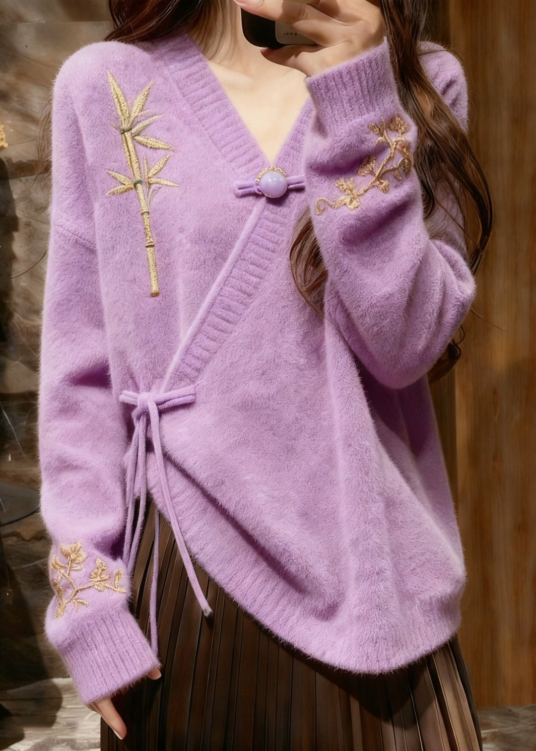 Elegant Light Purple V Neck Tie Waist Cotton Knit Sweaters Tops Fall