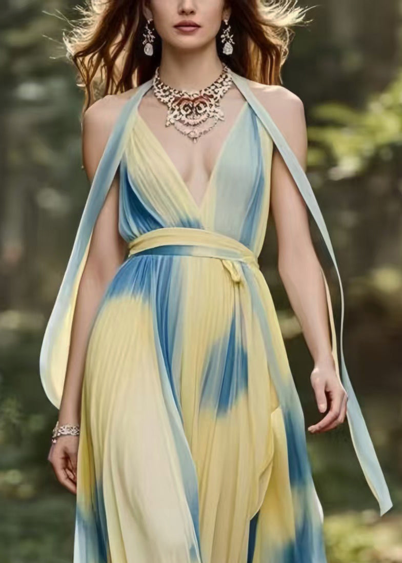 Elegant Light Yellow Tie Dye Exra Large Hem Chiffon Summer Dress