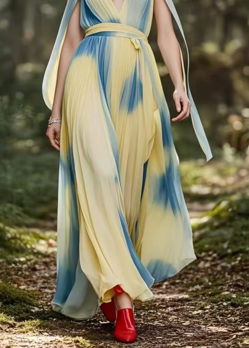 Elegant Light Yellow Tie Dye Exra Large Hem Chiffon Summer Dress