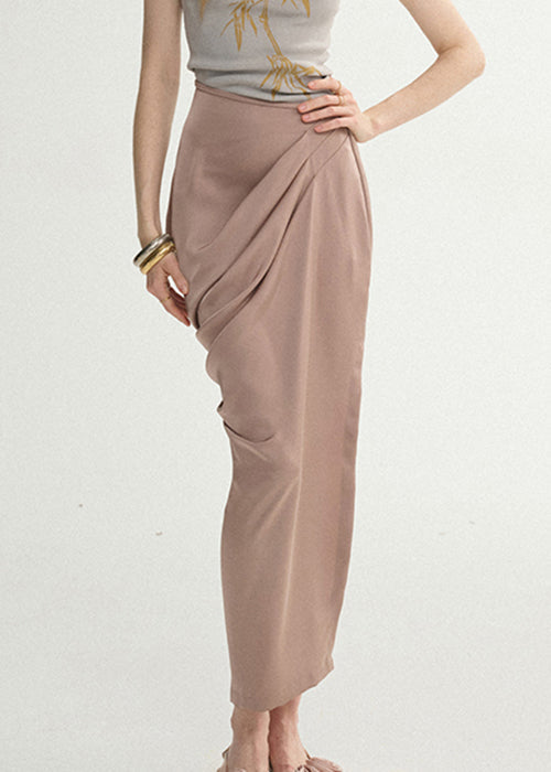 Elegant Lotus Root Starch Wrinkled Side Open Silk Skirts Summer