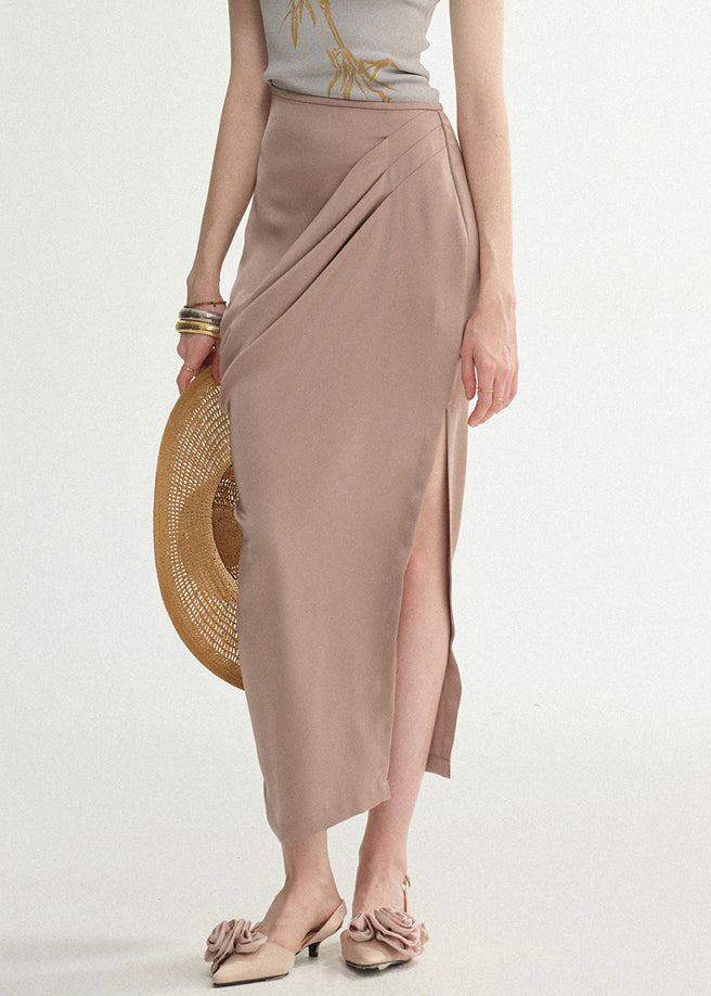Elegant Lotus Root Starch Wrinkled Side Open Silk Skirts Summer