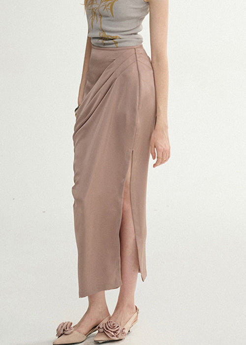 Elegant Lotus Root Starch Wrinkled Side Open Silk Skirts Summer